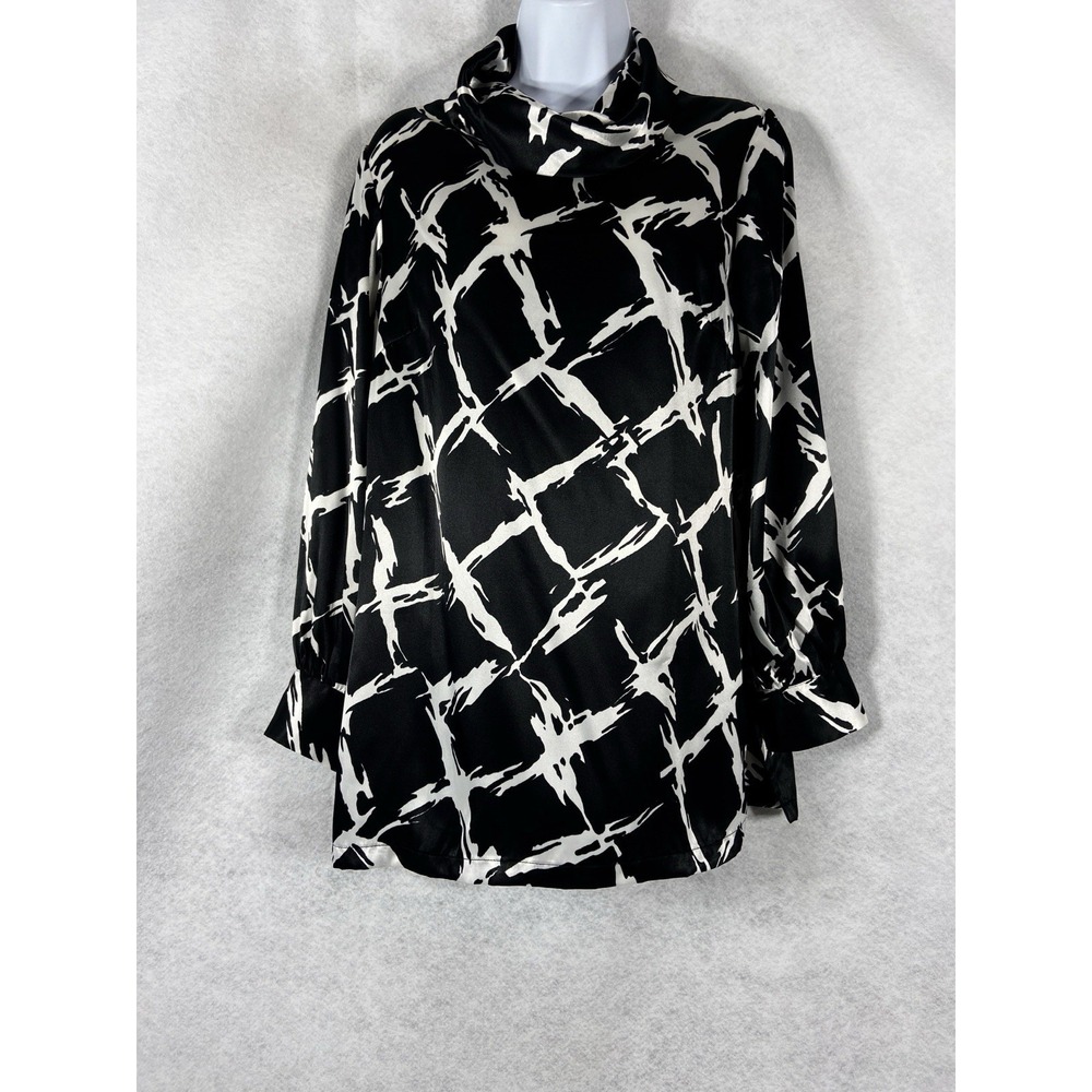 Chico's Top Womens Small Black White Chantele Blouse Long Sleeve Satin Check New